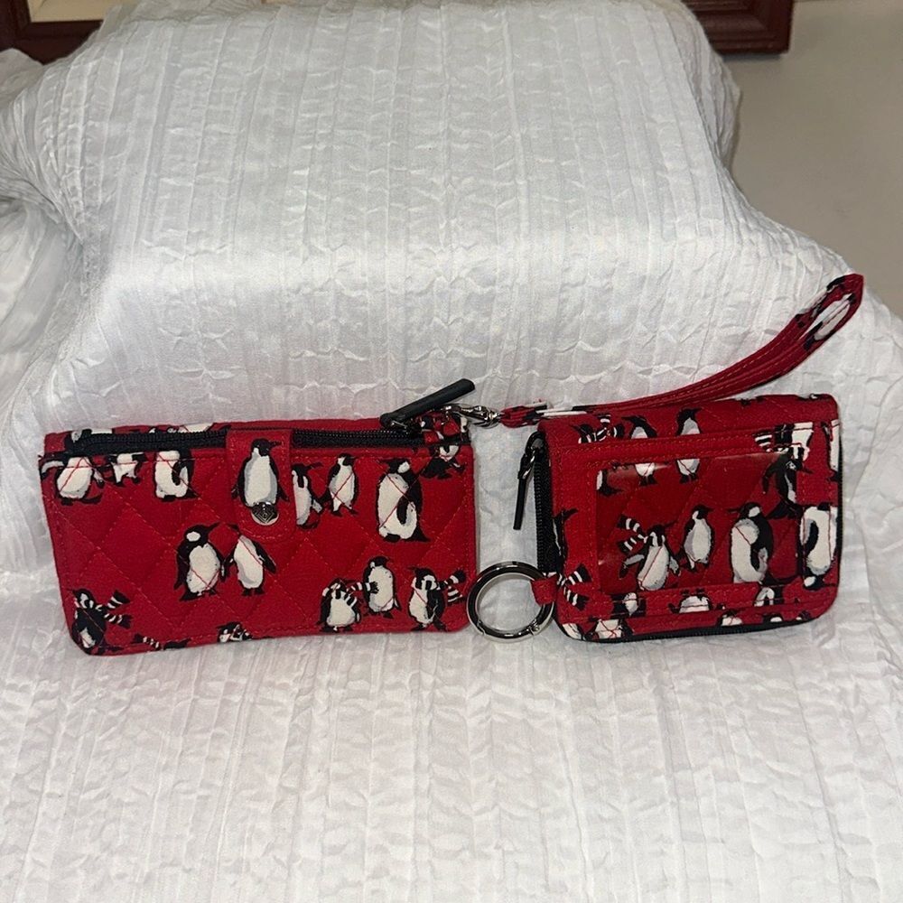 Vera Bradley Red Black White Gray Playful Penguins Wristlet & Small Wallet Set